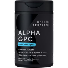 Sports Research Alpha GPC 630mg bottle front promoting cognitive clarity during study