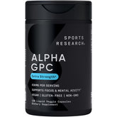 Sports Research Alpha GPC 630mg bottle boosts cognitive clarity and focus.