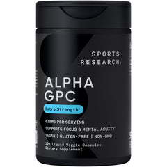 Sports Research Alpha GPC 630mg bottle boosts cognitive clarity and focus.