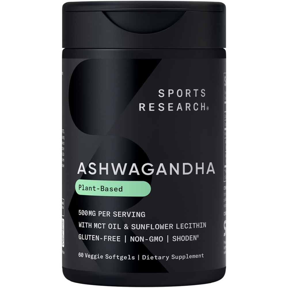 Sports Research Ashwagandha softgels bottle front view showing daily relaxation potential