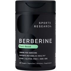 Sports Research Berberine bottle label highlights vegan and gluten-free credentials.