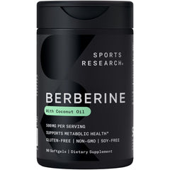 Sports Research Berberine softgels bottle with coconut oil for metabolic support.