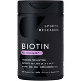Sports Research Biotin 10,000mcg bottle with coconut oil for hair and skin support.