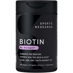 Sports Research Biotin 10,000mcg bottle with coconut oil for hair and skin support.