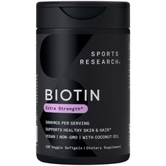 Sports Research Biotin 5,000mcg bottle with coconut oil softgels for hair and skin support.