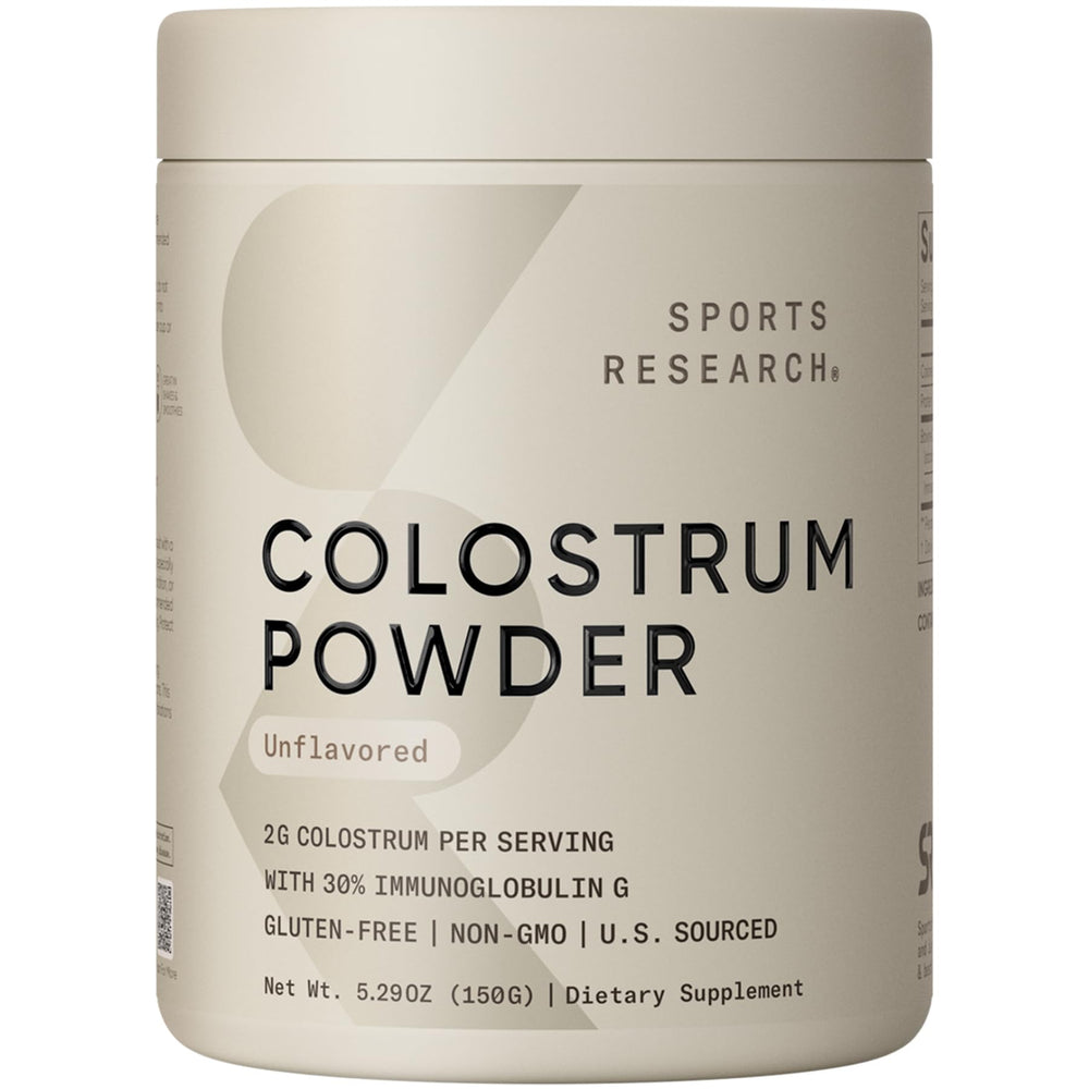Sports Research bovine colostrum powder in a jar for potential gut support.