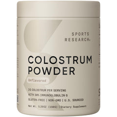 Sports Research bovine colostrum powder in a jar for potential gut support.