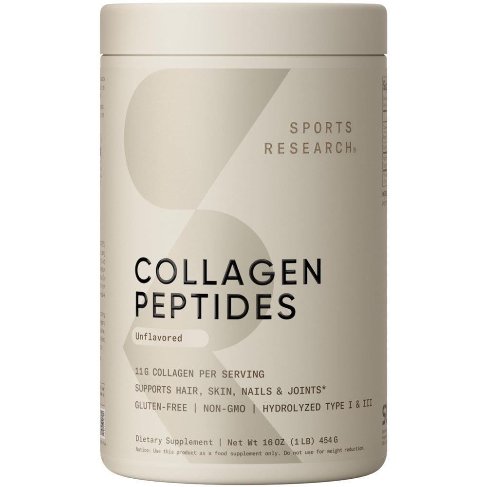 Sports Research Collagen Peptides bottle label close-up indicating quality and trust