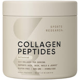 Sports Research Collagen Peptides scoop beside a glass, supporting daily protein intake.