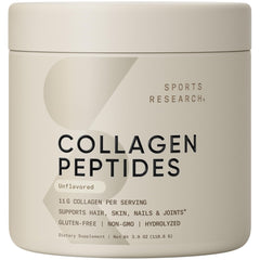 Sports Research Collagen Peptides scoop beside a glass, supporting daily protein intake.