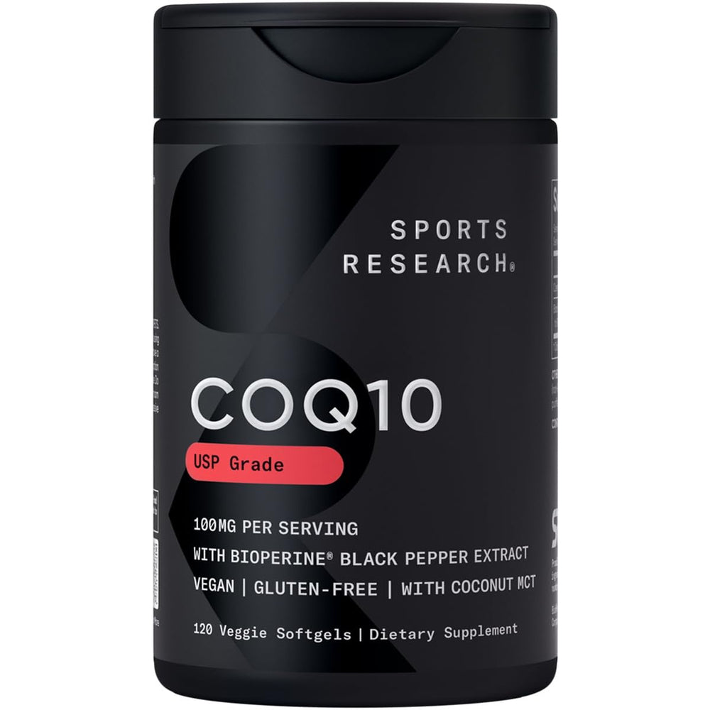 Sports Research CoQ10 bottle front view in a clean setting for daily energy support