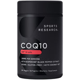 Sports Research CoQ10 bottle front with enhanced formula for daily energy support.