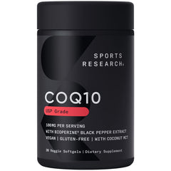 Sports Research CoQ10 bottle front with enhanced formula for daily energy support.