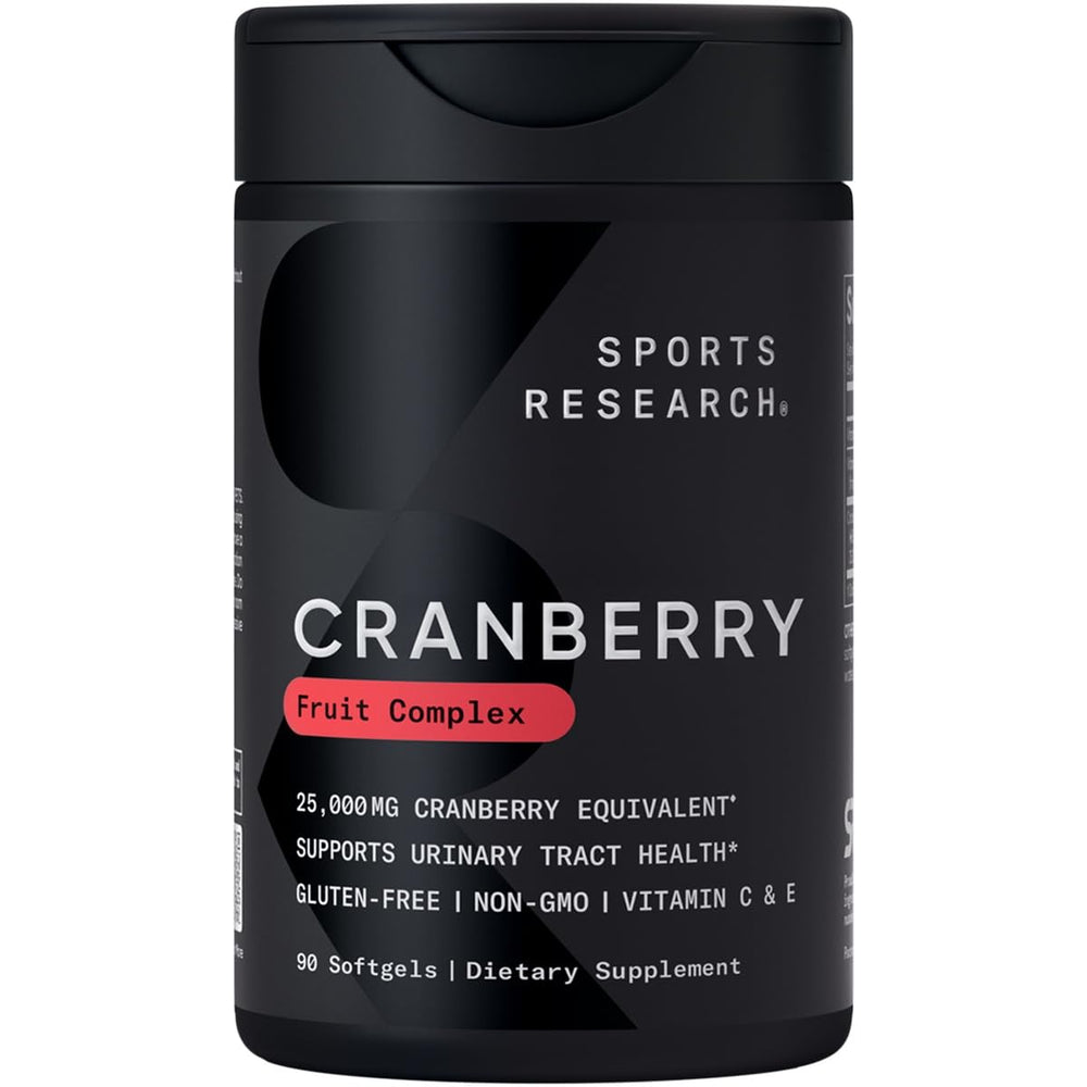 Sports Research Cranberry Fruit Complex bottle on shelf, supporting urinary health.