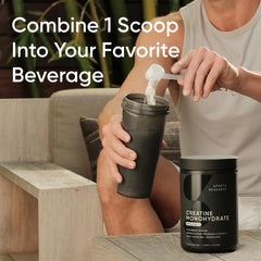 Sports Research Creatine Monohydrate being poured into a cold shake for easy mixing.