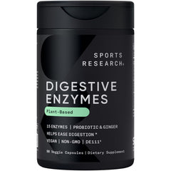 Sports Research Digestive Enzymes bottle on a kitchen counter supporting meal digestion