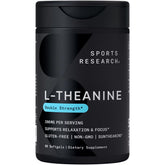 Sports Research double-strength L-Theanine softgels bottle front view for calm focus.