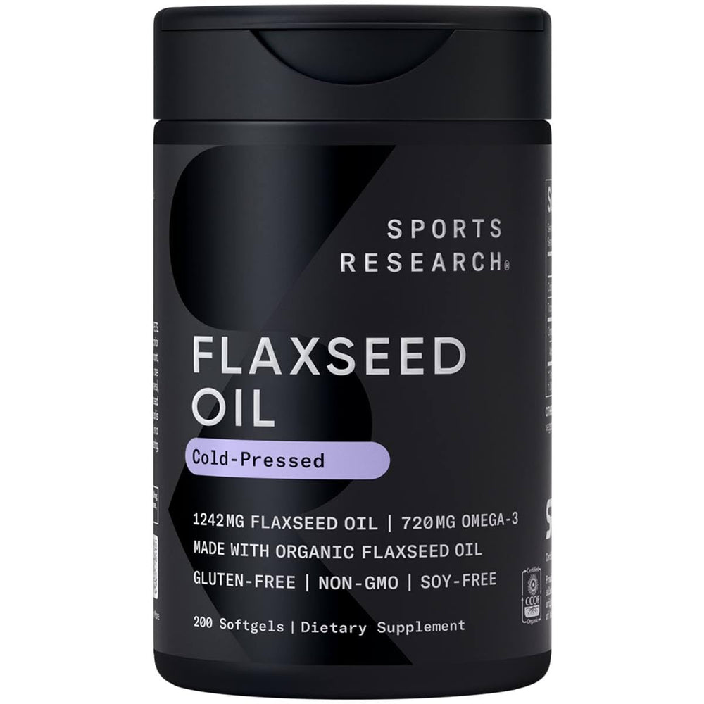 Sports Research flaxseed oil softgels bottle showing 1242 mg per capsule for daily omega-3 intake