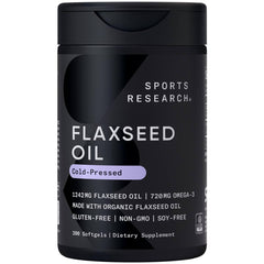 Sports Research flaxseed oil softgels bottle showing 1242 mg per capsule for daily omega-3 intake