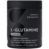 Sports Research L-Glutamine bottle front label showing vegan, gluten-free formula for workouts