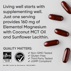 Ingredient panel shows chelated magnesium with sunflower lecithin and coconut MCT oil.