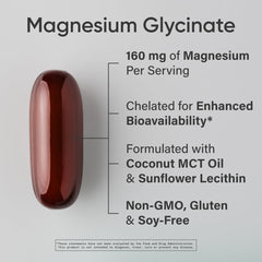 Close-up of Sports Research Magnesium Glycinate softgels showing easy-to-swallow form.