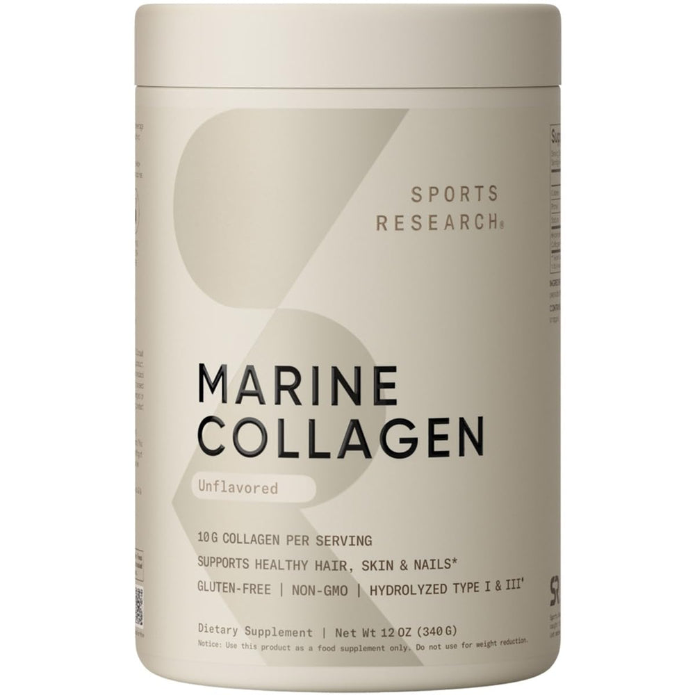 Sports Research Marine Collagen Powder tub front showing 34 servings for daily support