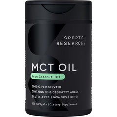 Sports Research MCT Oil Capsules bottle shown on a kitchen counter for easy daily Keto support.