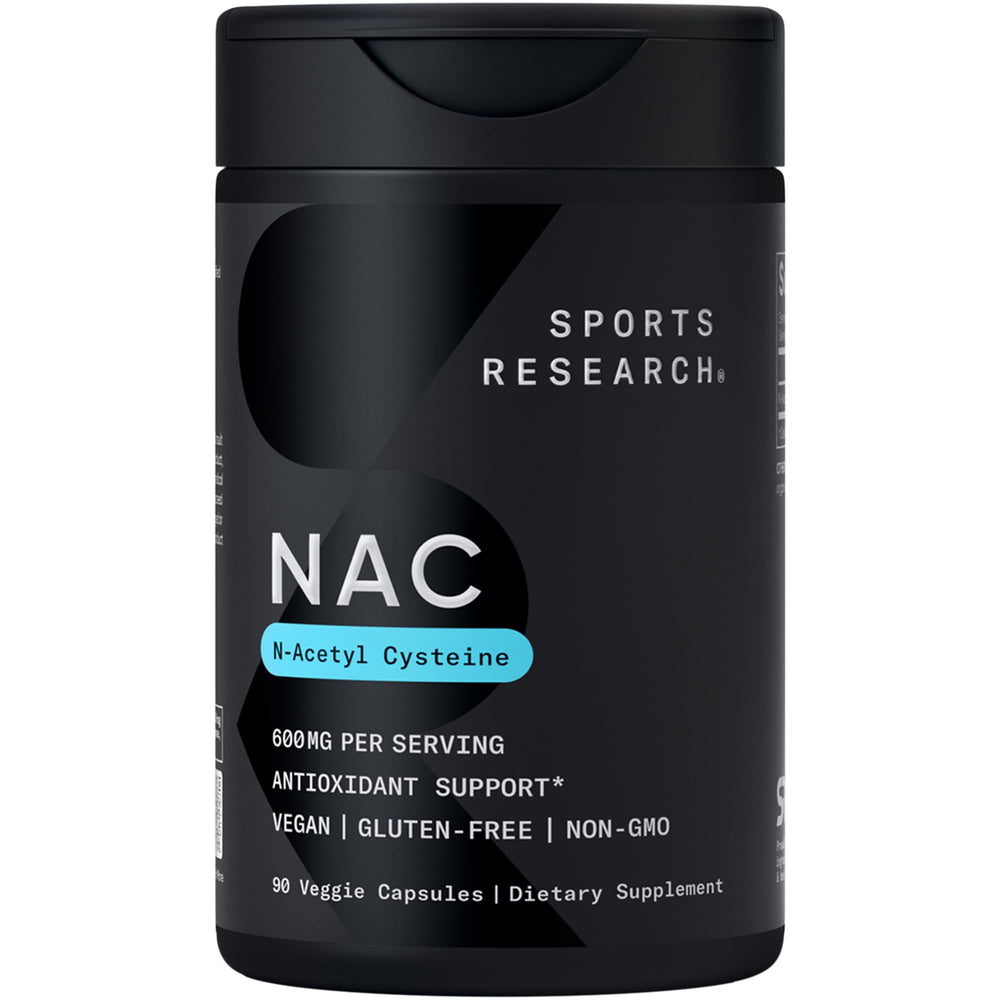 Sports Research NAC 600mg bottle showing daily supplement for antioxidant support.