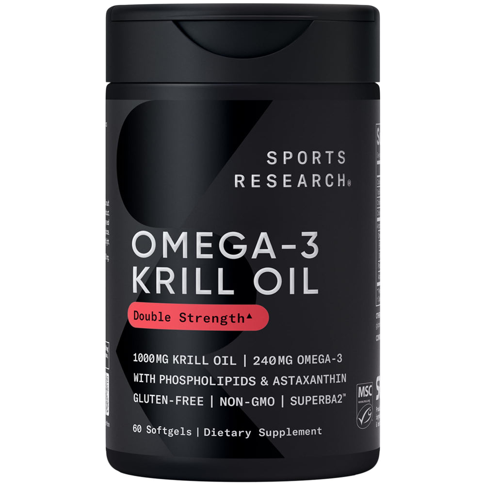 Sports Research Omega-3 Krill Oil bottle with softgels for daily omega-3 support