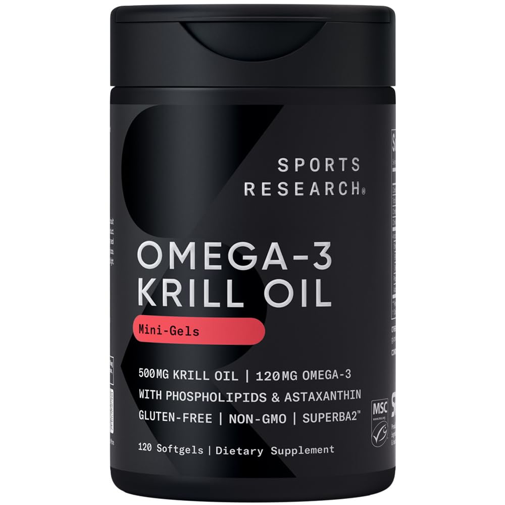 Sports Research Omega-3 Krill Oil mini gels bottle front for convenient daily supplement