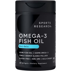 Sports Research Omega-3 Mini-Softgels bottle with burpless capsules for daily use