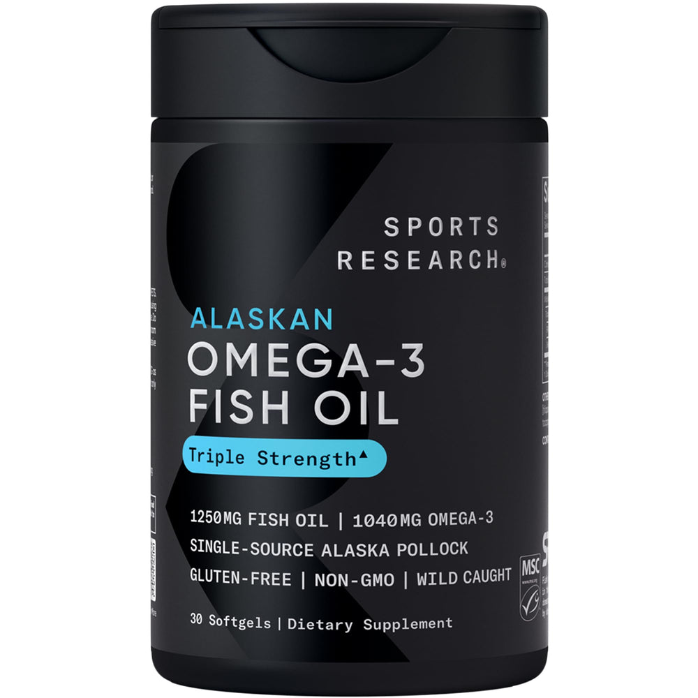 Sports Research Omega-3 triple-strength bottle view highlighting potency and freshness