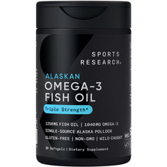 Sports Research Omega-3 triple-strength bottle view highlighting potency and freshness