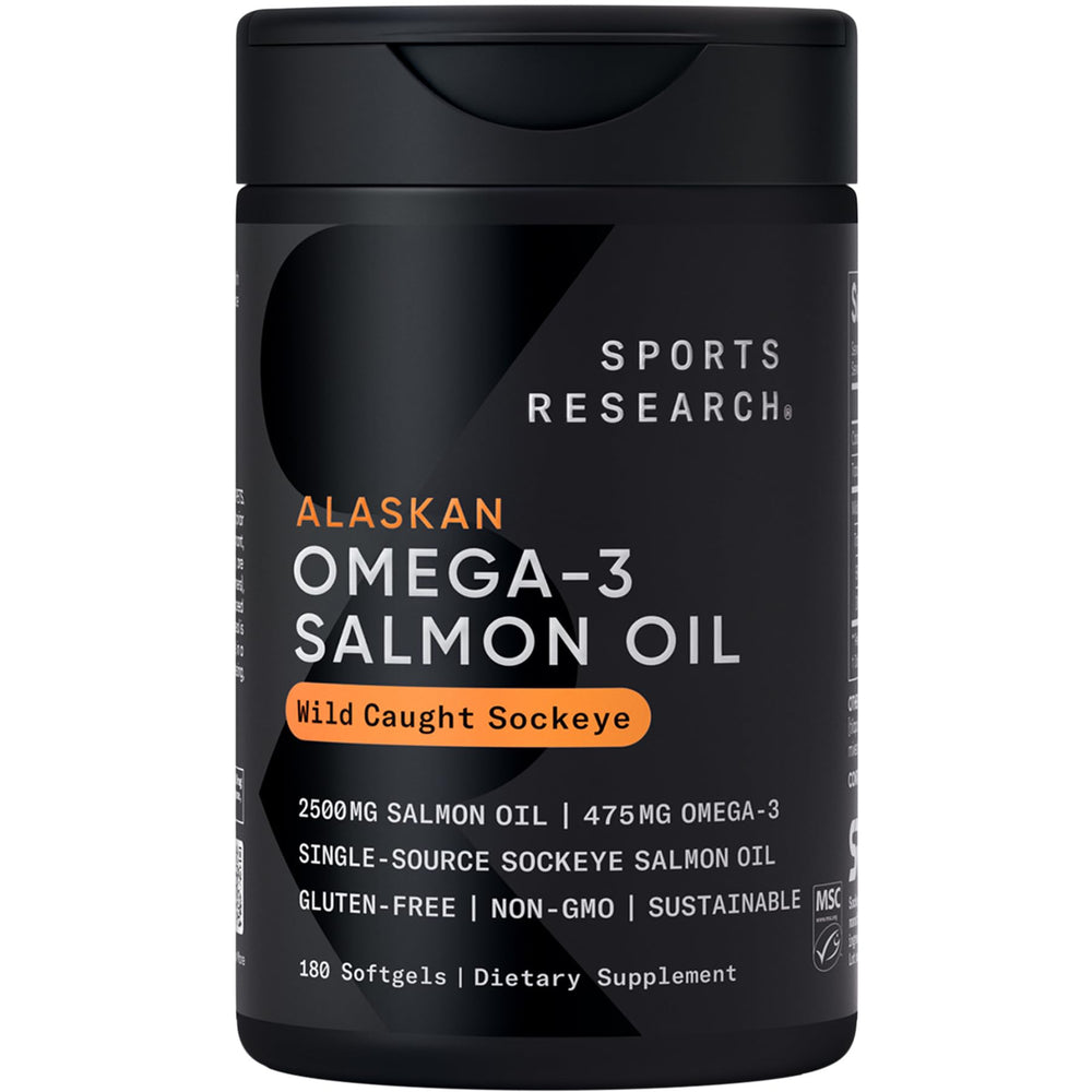 Sports Research Salmon Oil bottle showing MSC-certified wild Alaskan source for daily omega-3.