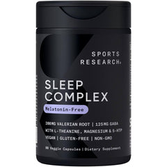 Sports Research Sleep Complex bottle front showing melatonin-free blend for calm evenings