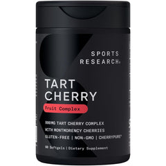 Sports Research Tart Cherry bottle shows Montmorency cherries for daily wellness.