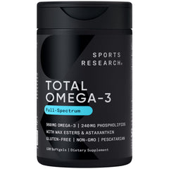 Sports Research Total Omega-3 bottle label highlights potency and purity.