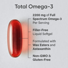 Sports Research Total Omega-3 softgels close-up shows high potency capsule.