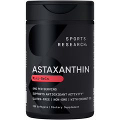 Sports Research triple-strength astaxanthin bottle with antioxidant support.