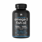 Sports Research Triple Strength Omega-3 bottle showing one-a-day softgels for heart and brain support.