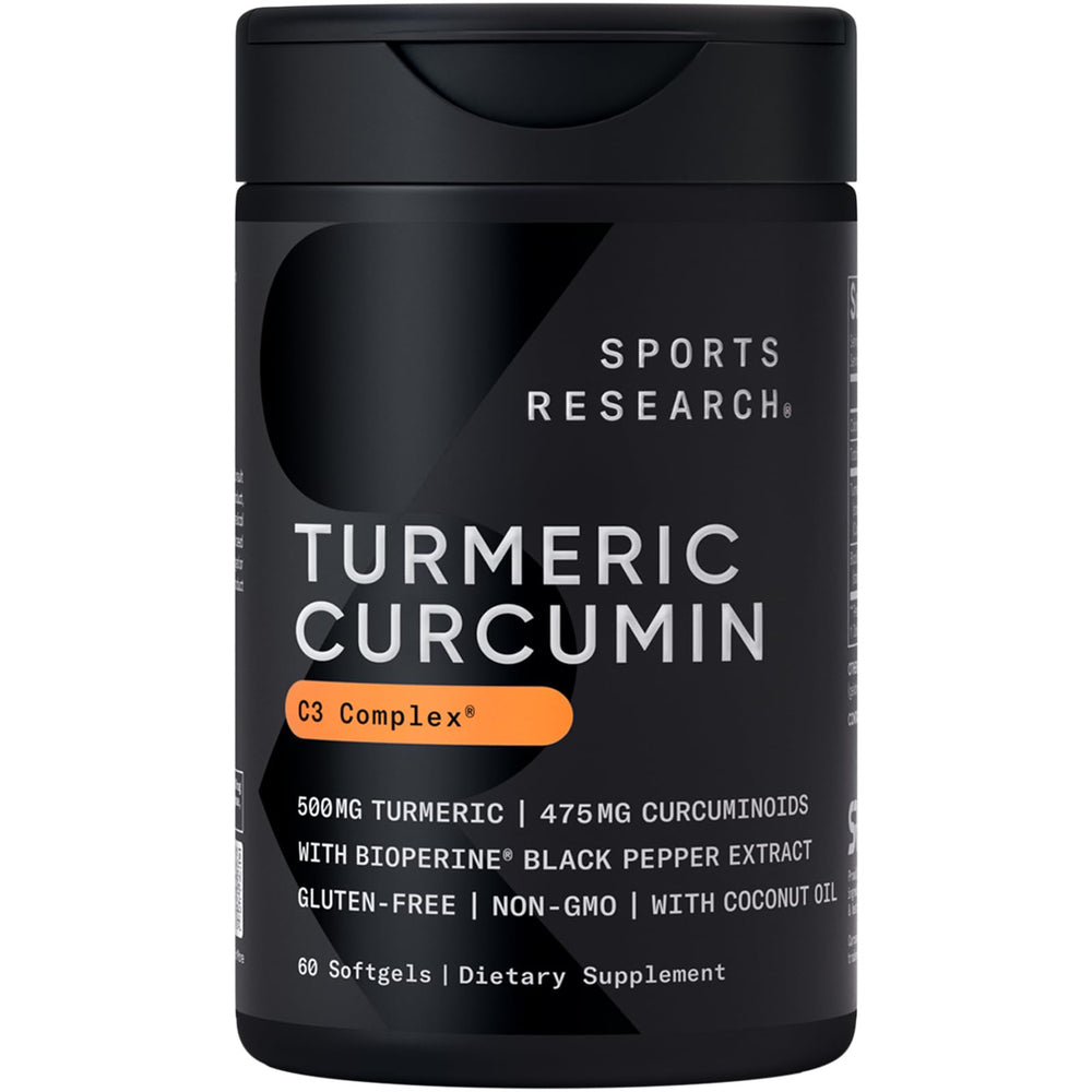 Sports Research Turmeric Curcumin bottle front highlights 95% curcuminoids for daily wellness.