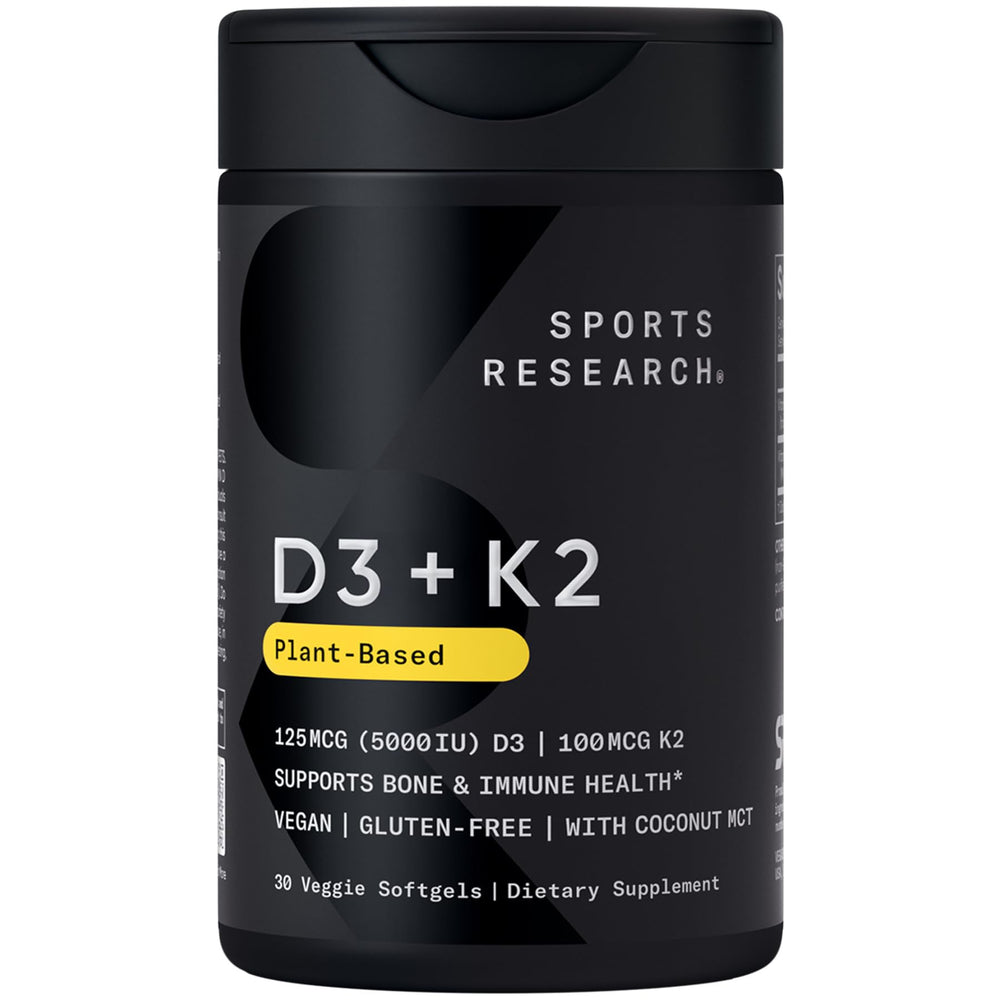 Sports Research vegan D3 + K2 softgel bottle for daily bone and immune support.
