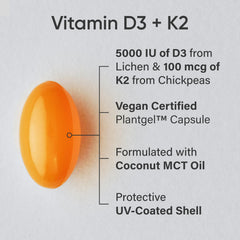 Sports Research vegan D3 + K2 softgels close-up highlighting easy-to-swallow texture.