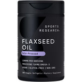 Sports Research vegan flaxseed oil bottle shows plant-based omega-3 option.