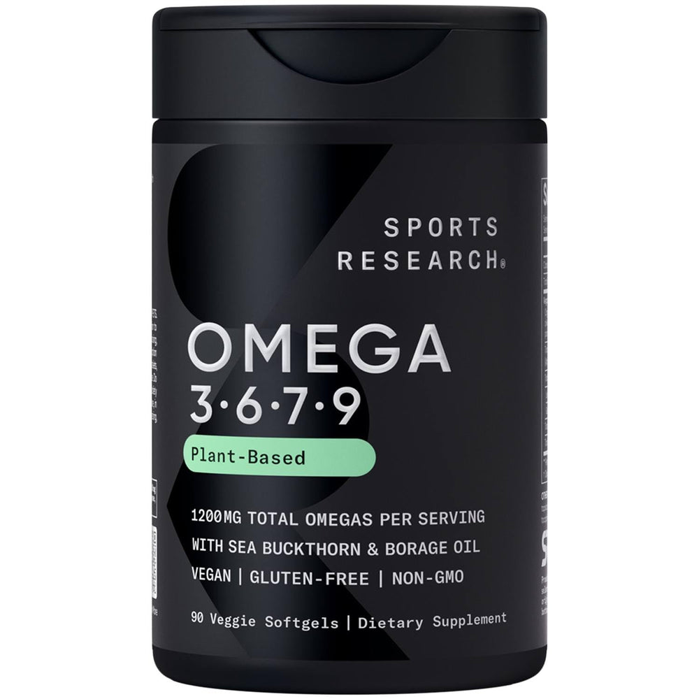 Sports Research Vegan Omega bottle with label highlights the multi-omega blend for daily wellness.