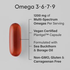 Sports Research Vegan Omega softgels close-up illustrates convenient plant-based omega intake.