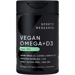 Sports Research vegan omega-3 D3 bottle highlighting plant-based fatty acids.