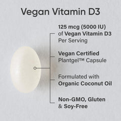 Closeup of Sports Research vegan Vitamin D3 softgels for easy swallowing