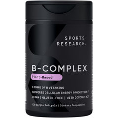 Sports Research Vitamin B-Complex bottle front; supports metabolism.